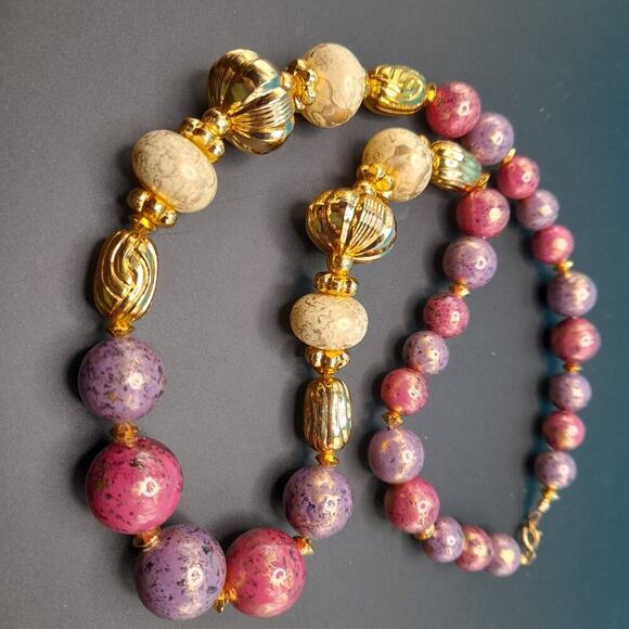 Vintage Chunky Art Beaded Necklace, Gold White Purple Beads, 24 Inches - Picture 4 of 12